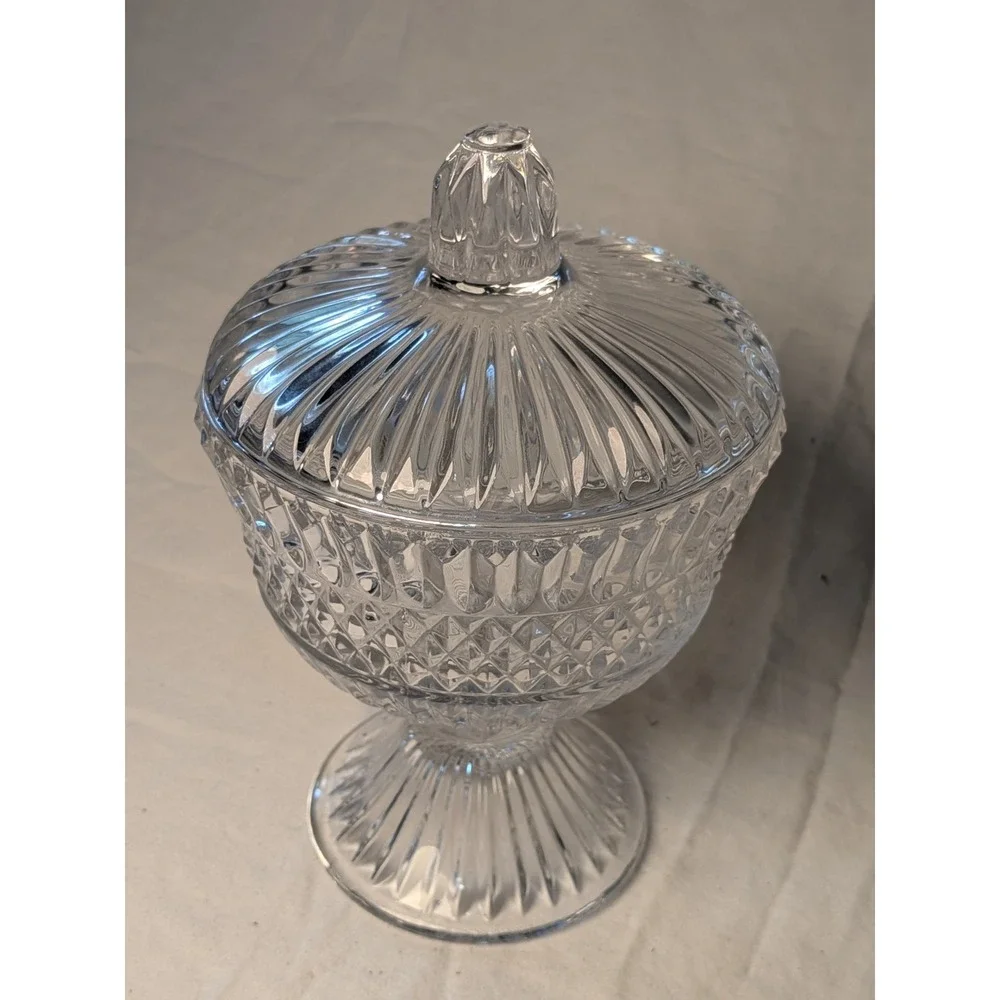 Vintage Clear Pressed Glass Candy Dish Diamond Point Footed Compote with Lid